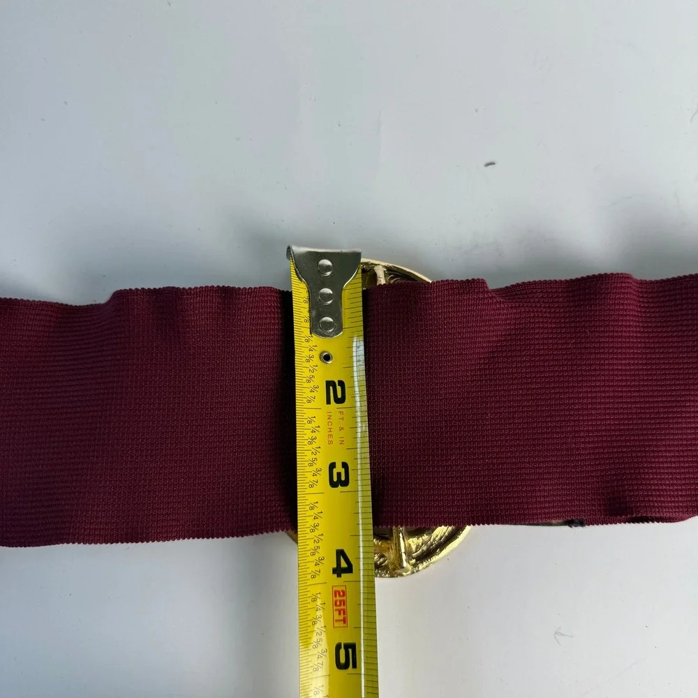 Vintage 80s Elastic Cinch Belt Gold Metal Buckle XS S Burgundy Red Wide Waist